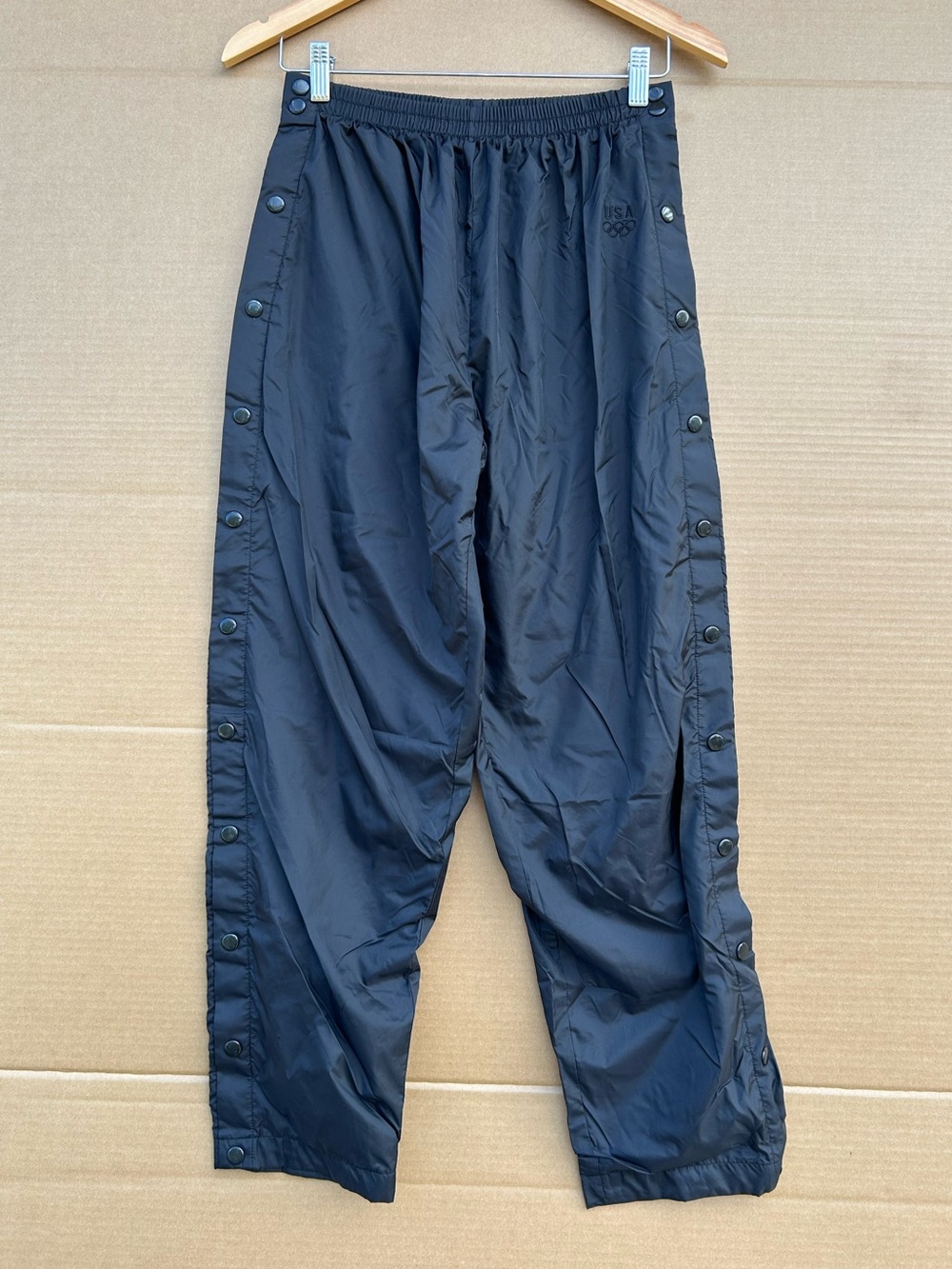 VTG 90s USA Olympics Snap Side Track Pants L/G youth Black Breakaway Nylon